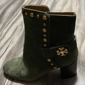 Tory Burch Green Suede Ankle Boots with Gold Studs